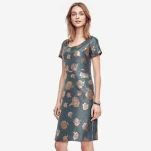 NWT Ann Taylor Teal and Gold Jacquard Floral Dress